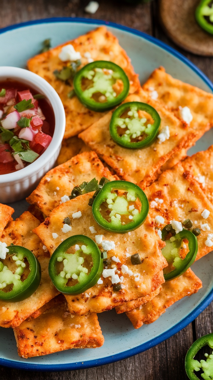 A platter of crispy Spicy Jalapeño Cheese Crackers with jalapeño slices and cheese, alongside a bowl of salsa.